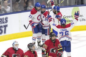 Hockey players celebrate on the ice, as the opposing team looks on.