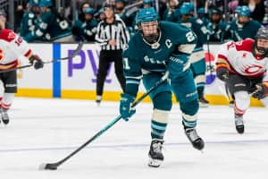 A hockey player prepares to take a shot.