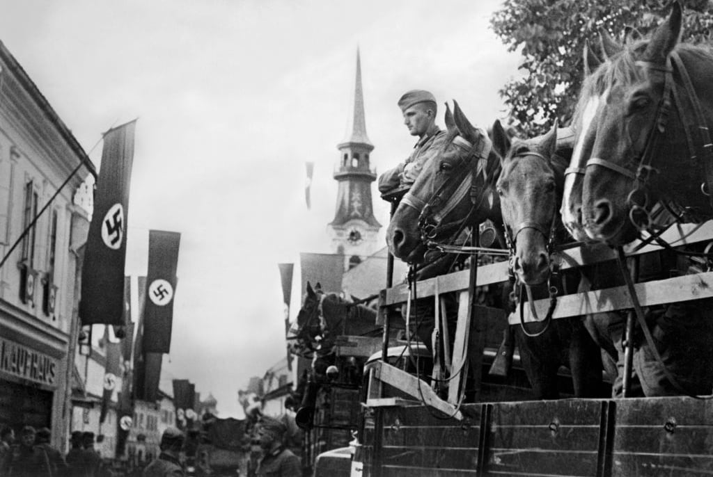 A picture taken  October 4, 1938 shows the German troops in Klapice after annexation by the German nazi army of Czechoslovakia's Sudetenland. French Edouard Daladier, British Neville Chamberlain, Adolf Hitler and Italian Benito Mussolini had signed on September 30 the Munich Agreement accepting the immediate occupation of the north and west border region.  