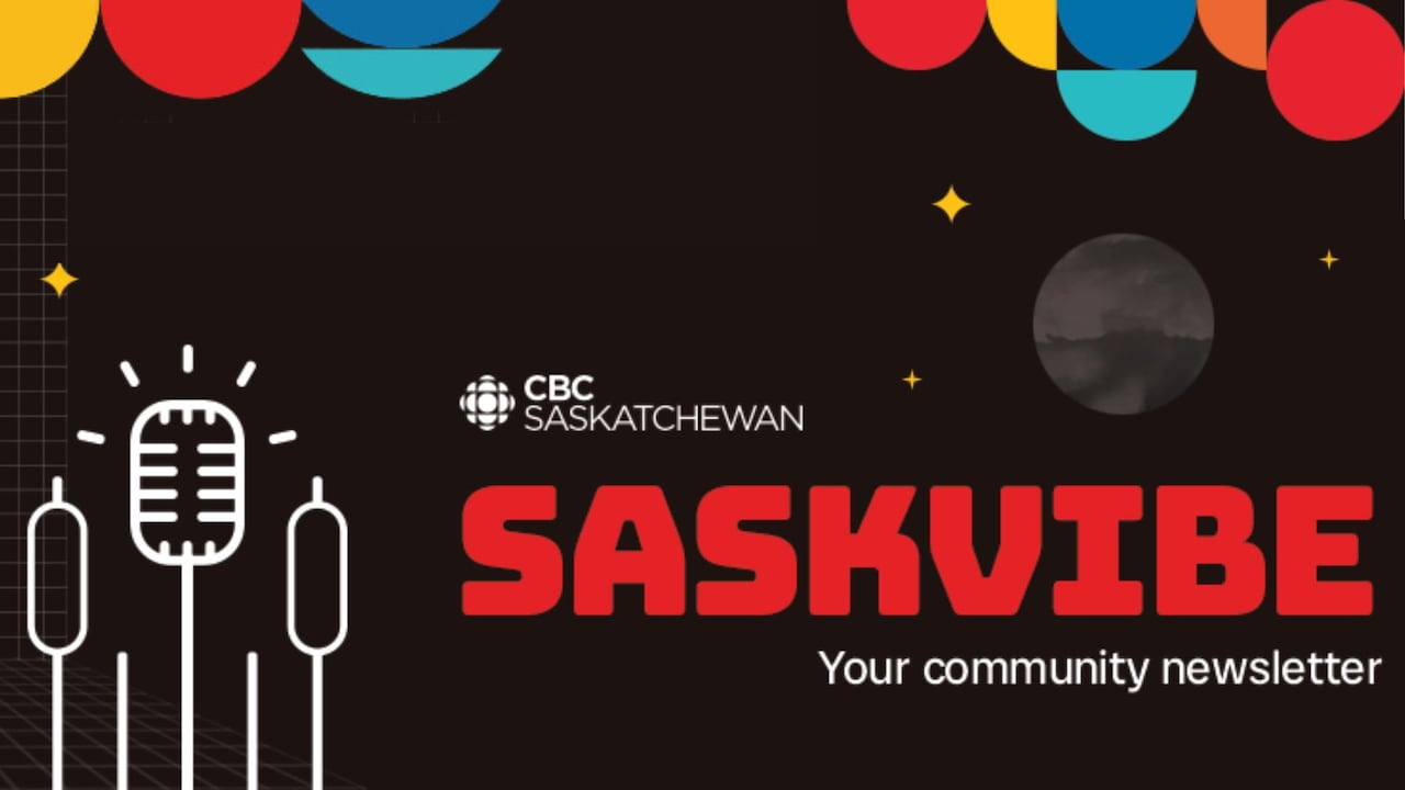 A black background with "SASKVIBE - Your community newsletter" in white text. A lined drawing of a cat tail with a mic on top is to the left