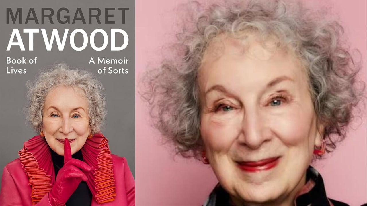 The book cover featuring the author wearing a red jacket with her index finger in front of her mouth and the author photo: a woman with curly grey hair and wearing pink lipstick smiles at the camera