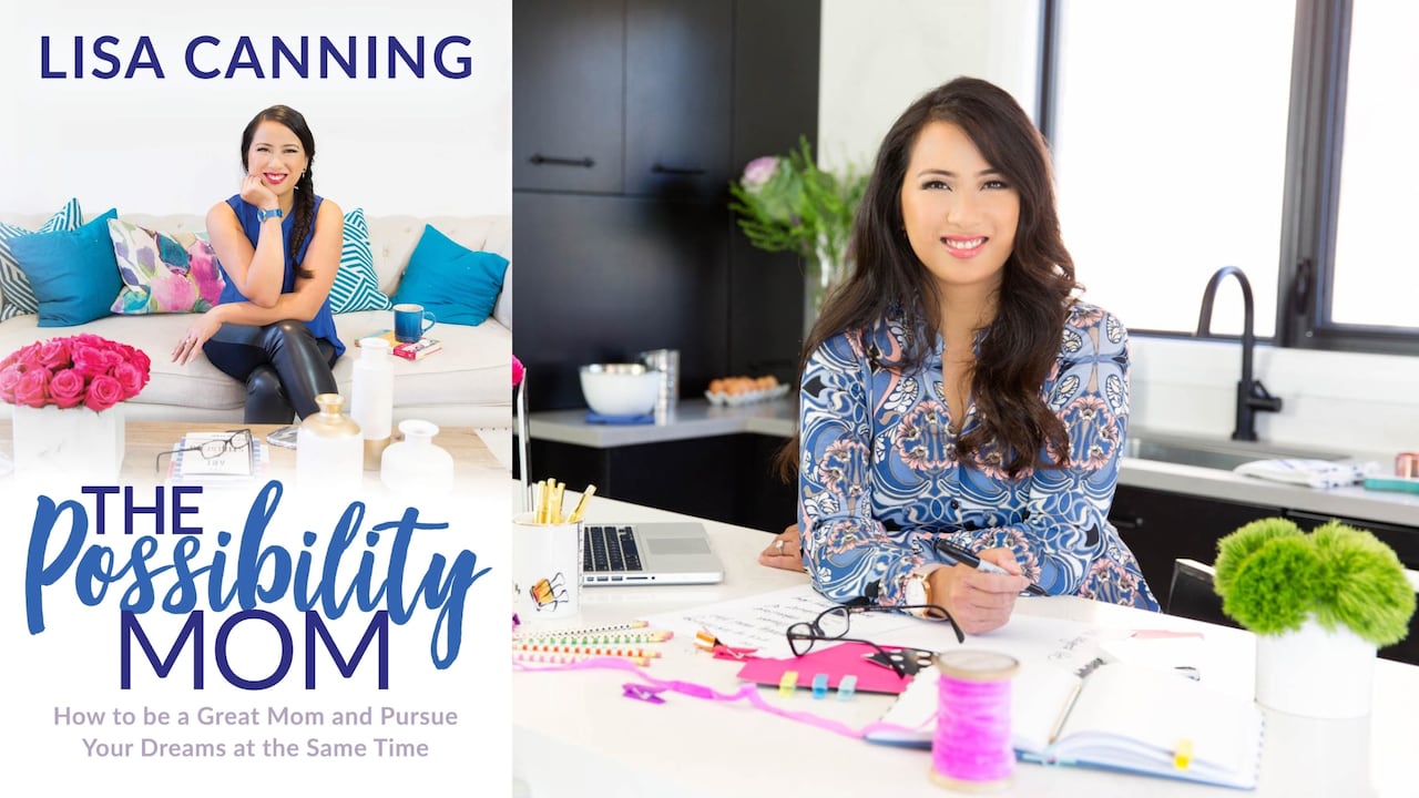 A book cover with blue text and a photo of a woman sitting on a couch behind a coffee table, looking into the camera.