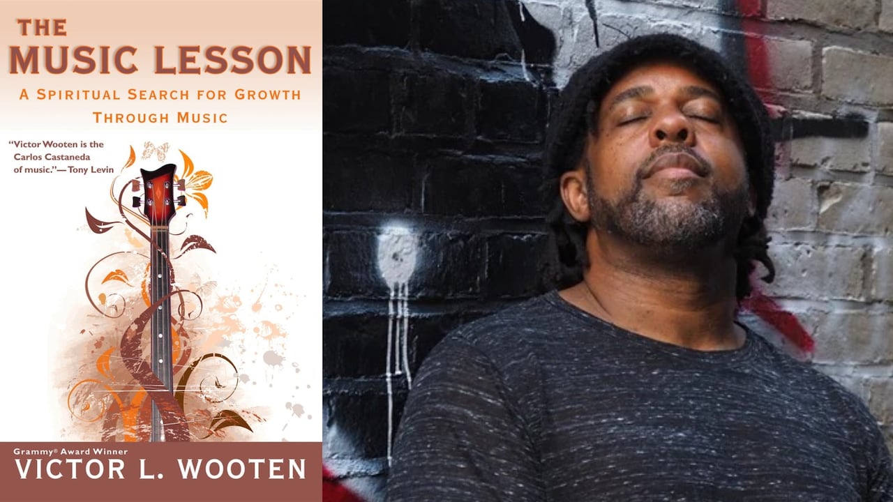 A book cover with a guitar in the middle and musical designs spiraling around it.