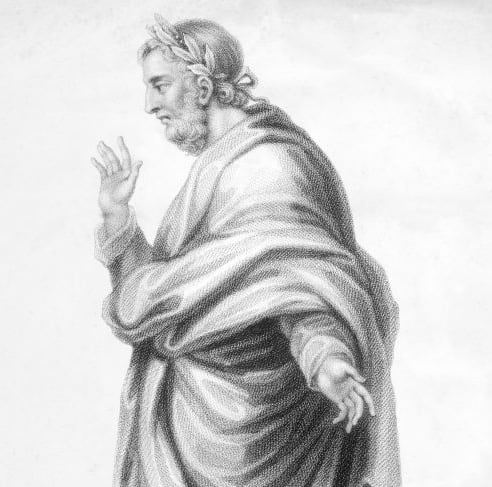 A black and white side profile illustration of poet Ovid wearing a toga and crown.