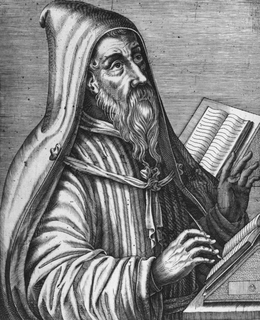 A black and white illustration of St. Augustine wearing a hooded cloak, standing at a podium with books.