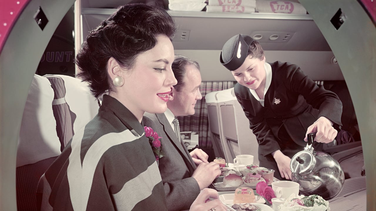 Air Canada meal service on a 1955 flight.