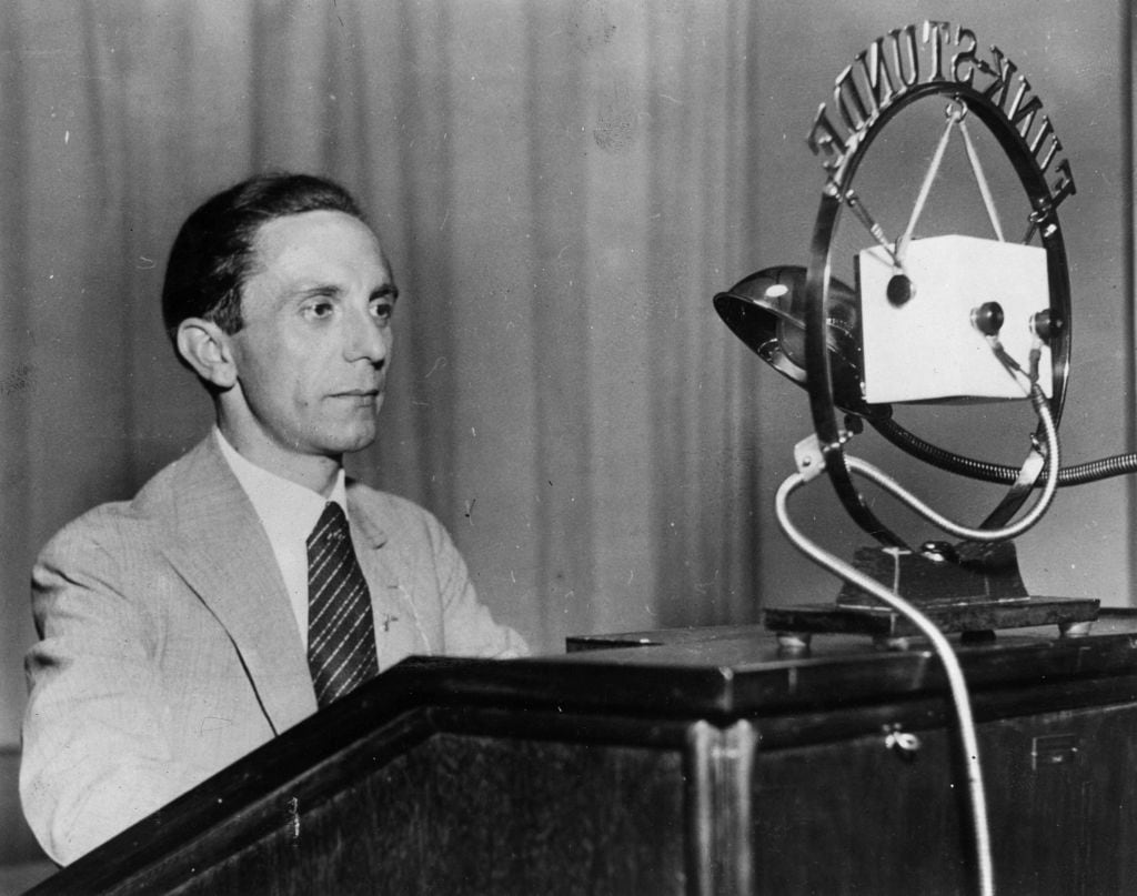 November 1938:  German Nazi politician and minister of propaganda, Joseph Goebbels (1897 - 1945) making a radio broadcast.   