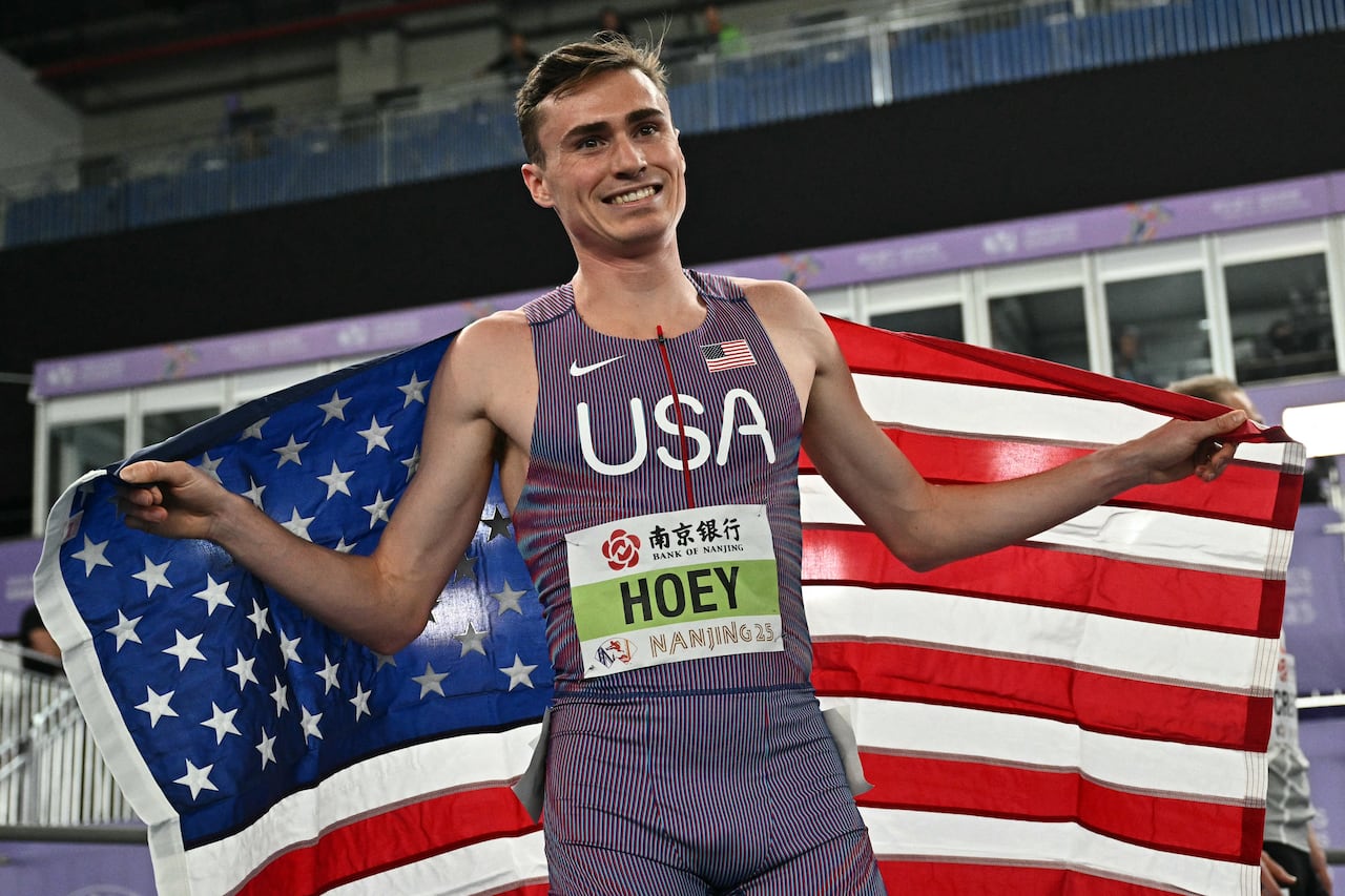 American runner Josh Hoey celebrates after the men's 800-metre final at the World Athletics Indoor Championships in Nanjing, China on March 23, 2025.