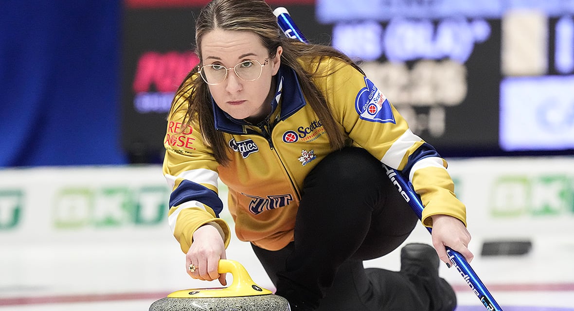 Nova Scotia skip Christina Black throws a stone during her curling team's session against Nunavut at the Scotties Tournament of Hearts in Mississauga, Ontario on January 24, 2026.