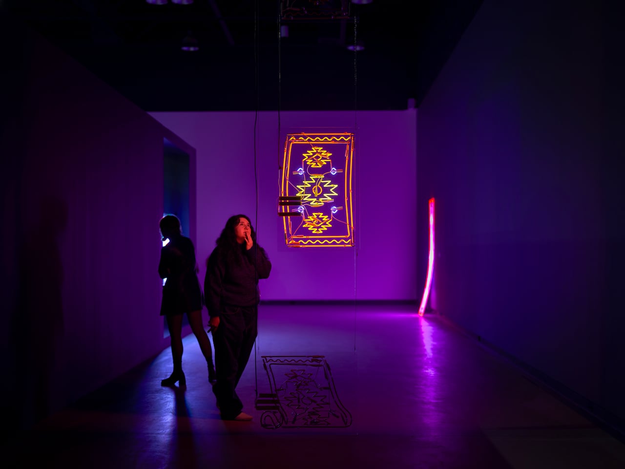 A visitor to the Art Gallery of Burlington considers A Rug Falls in Four Frames, a kinetic neon artwork by Roda Medhat. The room is dark and illuminated by the glow of a neon sign shaped like a rug which is suspended in the middle of the room.