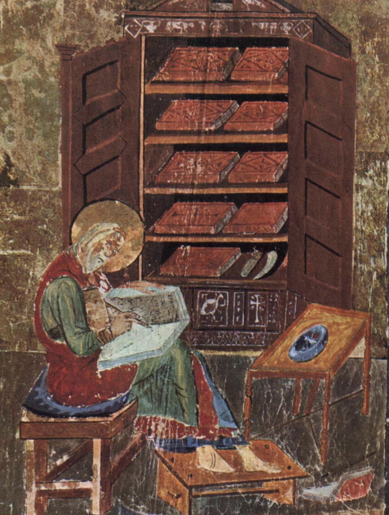 A painting of a person writing with a bookcase full of codices (what was known as books) .