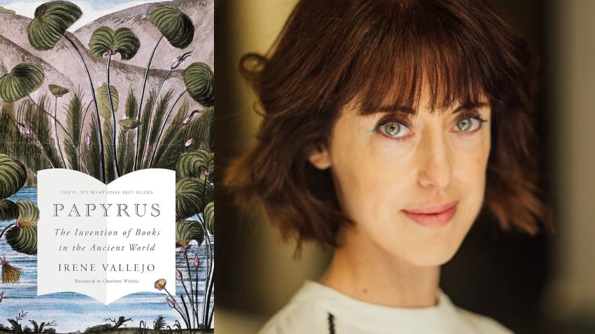 This image shows author Irene Vallejo who has green eyes and a brown chin-length bob, wearing a cream-coloured sweater looking into the camera. To your left is the cover of her book, Papyrus.